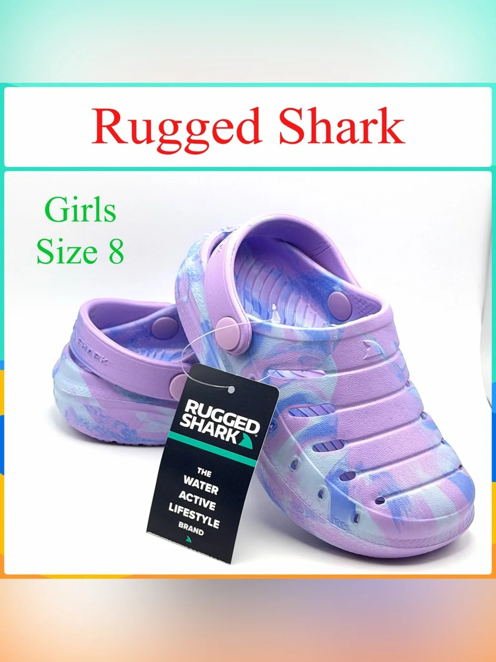 NWT New RUGGED SHARK Purple Swirl Swivel Strap EVA Clogs Girls Size 8